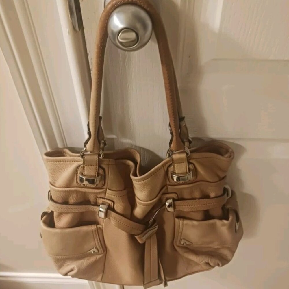 B. Makowsky Eden Genuine Beige Leather Large Belted Tote Shopper